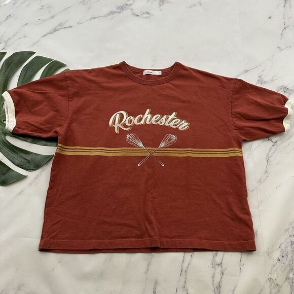 Niko And Womens Retro Crop Top Tee Size 3 L Red Yellow Rochester Oversize - Picture 1 of 12